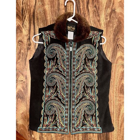 Bob Mackie Jackets & Blazers - Bob Mackie Vintage Wearable Art Faux Fur Embroidered Vest Pockets Black